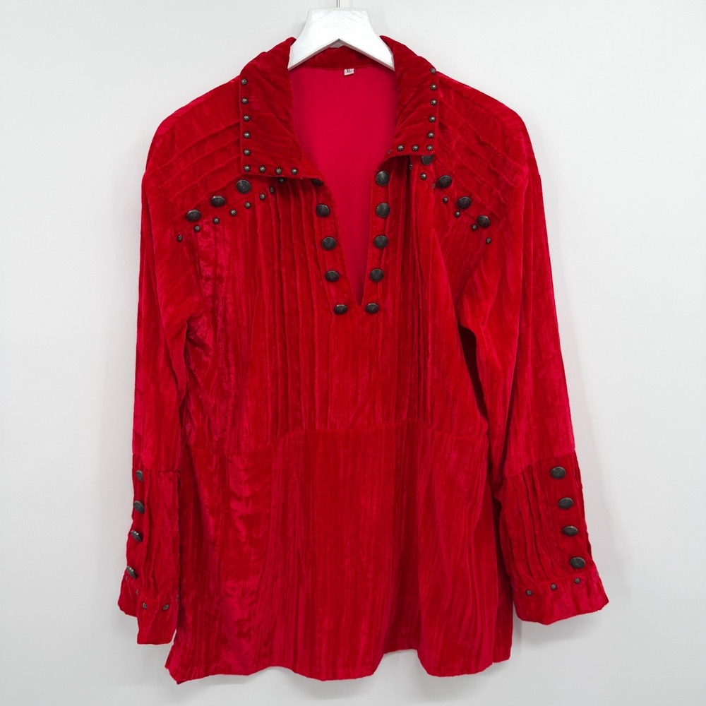 Womens Red Crushed Velvet Top Shirt XL Studded Western Goth Cowgirl Rodeo Boho